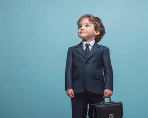 Young Boy in Suit Holding Briefcase Blue Background