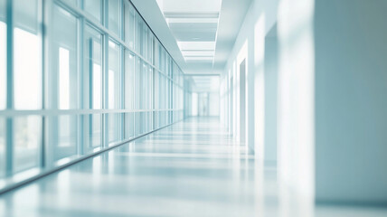 Obraz premium Blurred background of a hospital interior with an empty white corridor.