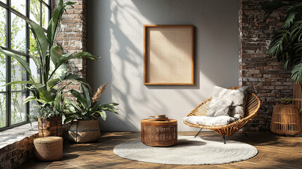 Rattan chair in a modern living room with plants.