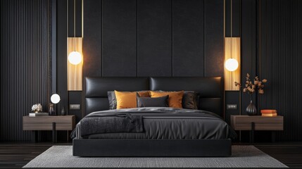 Stylish modern bedroom with dark decor, featuring a black bed, golden lighting, and cozy accents for a sophisticated look.