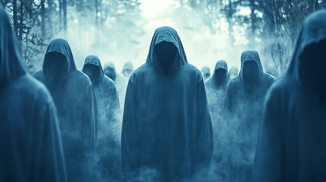 A group of people wearing hooded robes are standing in a foggy forest