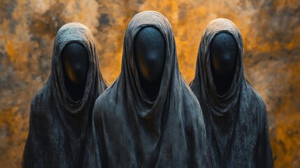 Three people wearing hoods stand in front of a wall