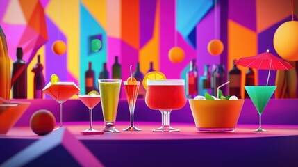 Vibrant cocktails displayed on a colorful bar, showcasing various drinks in a lively and artistic setting.