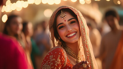 beautiful Indian woman in traditional dress dancing at a wedding.