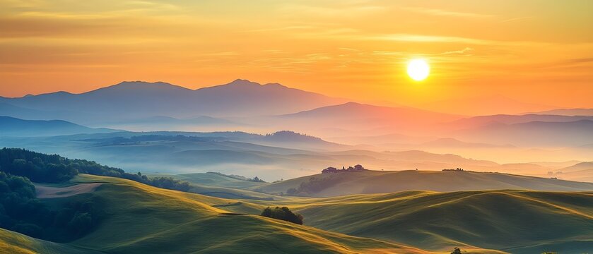 A beautiful sunrise illuminates rolling hills and distant mountains, casting soft light over a peaceful and misty landscape.
