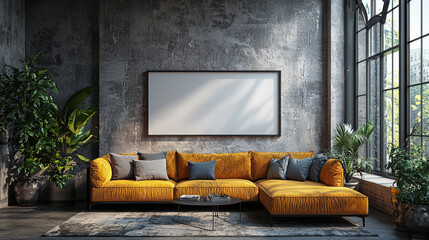 A modern living room with a yellow couch and a large window