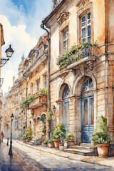 watercolor illustration of cosy charming european street	