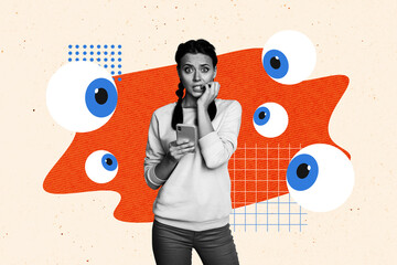 Composite photo collage of dissatisfied panic girl bite fingers hold phone cyberattack eyeball spy security isolated on painted background