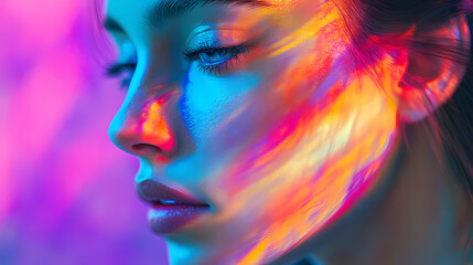 Artistic portrait of a woman with colorful lighting. generative ai image. Soft Glow. Illustration