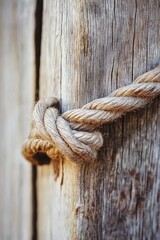A close-up of a coarse rope intricately tied around an aged wooden post, emphasizing the rustic and natural materials used.