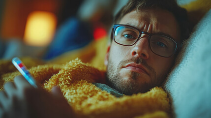 A close-up of a man wrapped in a cozy blanket, showcasing a thoughtful expression and relaxed atmosphere.