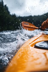 Fototapeta premium A kayaker rafting struggling with water splashes in boat in rapid river in mountain