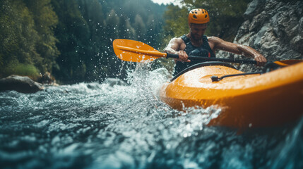 Fototapeta premium A kayaker rafting struggling with water splashes in boat in rapid river in mountain