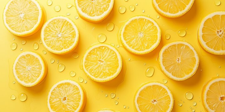 Fresh slices of yellow lemon are scattered on a yellow background with water drops, giving a refreshing and zesty feel.