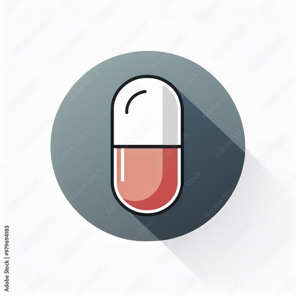 Poster minimalist icon of a red and white capsule pill with long shadow on a light background. clean, flat 