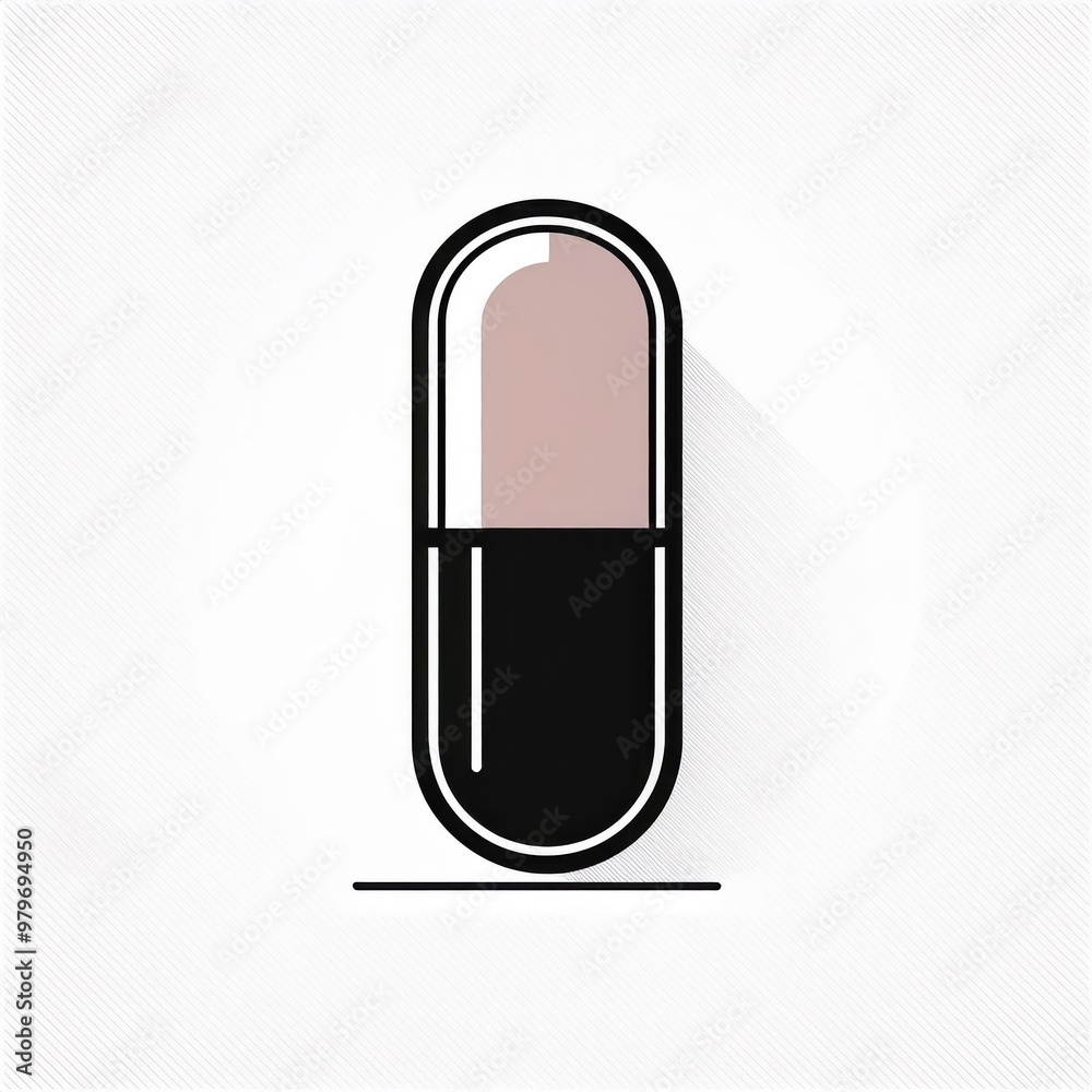 Poster minimalist icon of a red and white capsule pill with long shadow on a light background. clean, flat 