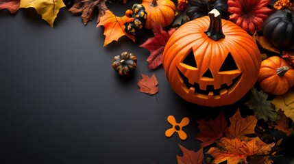 A black background with a pumpkin on it and a bunch of leaves