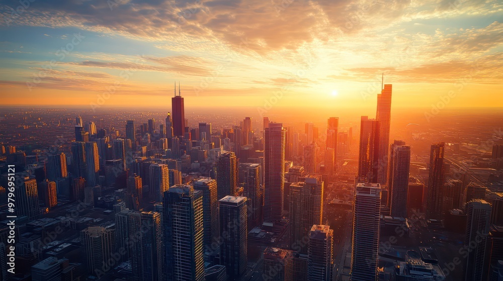 Wall mural a city skyline with a large building in the middle