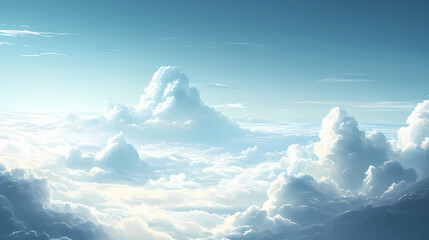B'large white and gray cloudscape with blue sky and wispy clouds below'. Shadowy. Illustration