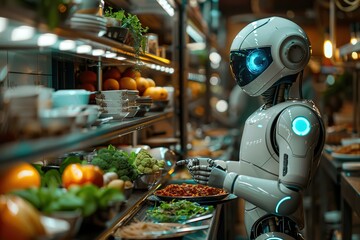A robot is in a grocery store, picking up food