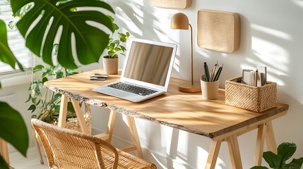 Bohemian workspace with a live-edge wooden desk, rattan chair, and monstera plant 
