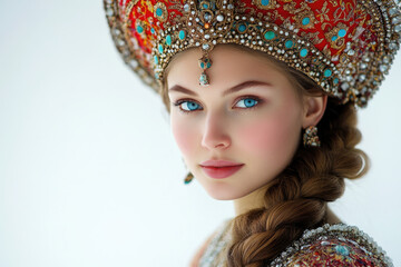 Russian beauty with a thick braid and a kokoshnik on her head