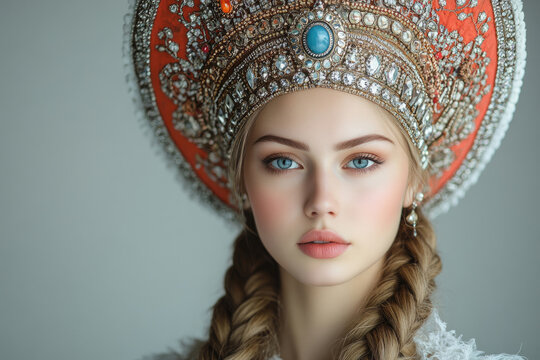 Russian beauty with a thick braid and a kokoshnik on her head
