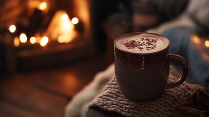 Warm cup of hot chocolate on knitted blanket near fireplace with flickering lights, creating a cozy and comforting atmosphere.