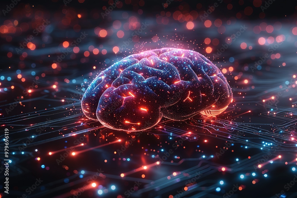 Poster a brain is shown in a computer monitor with a red and blue color scheme