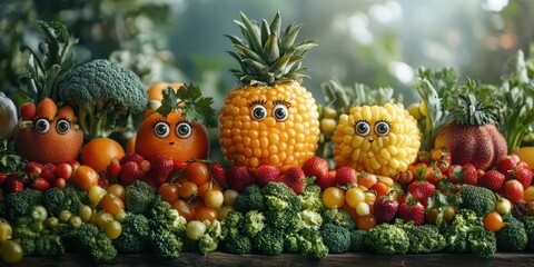 An imaginative urban setting where animated fruits and vegetables with eyes create a playful and enchanting experience