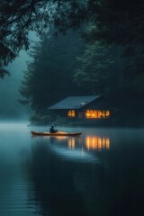 Fototapeta premium A man kayaking in still lake water with forest and lake house