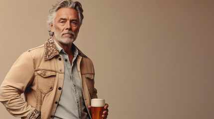 Retraro de hombre sosteniendo una cerveza. Vestido con camisa desgastada.
