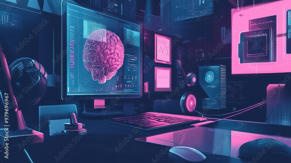 Aufkleber A computer lab with a monitor displaying a brain