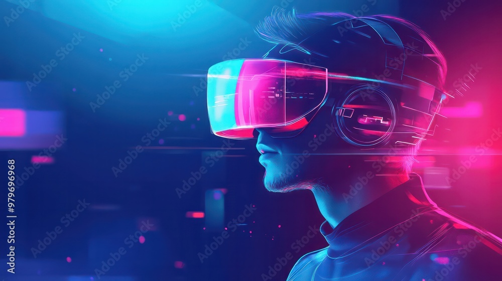 Poster a man wearing a virtual reality headset is looking at a colorful background