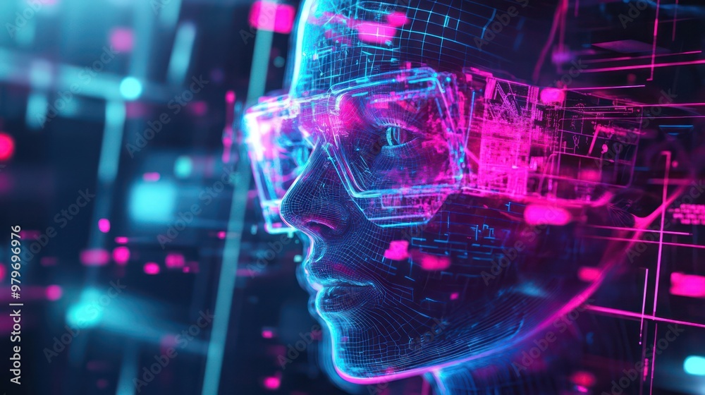 Poster a woman's face is shown in a computer generated image with a blue