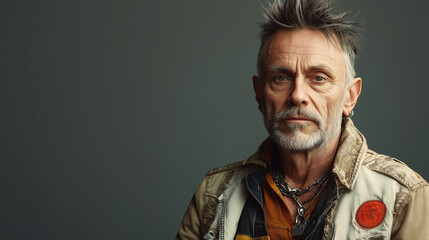 Retraro de hombre con estética punk. Vestido con camisa desgastada y cadenas de collar. Cabello sutilmente punk y barba.