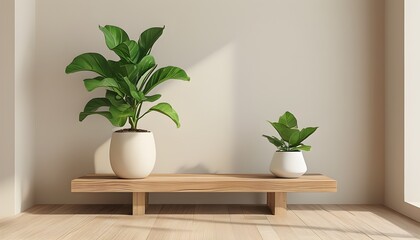 Serene minimalist interior with a potted green plant on a wooden table, bathed in natural light against a soft beige backdrop