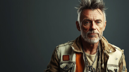 Retraro de hombre con estética punk. Vestido con camisa desgastada y cadenas de collar. Cabello sutilmente punk y barba.