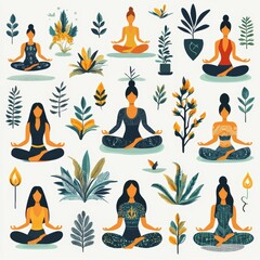 Women Meditating In Lotus Pose With Plants