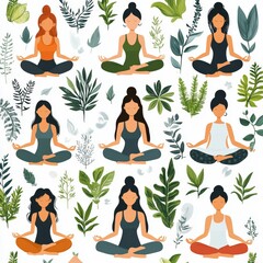Women Meditating in Yoga Poses with Tropical Leaves