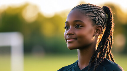Retrato de una joven niña jugando al futbol con una camiseta negra. De fondo un campo de futbol. Deporte y felicidad. 