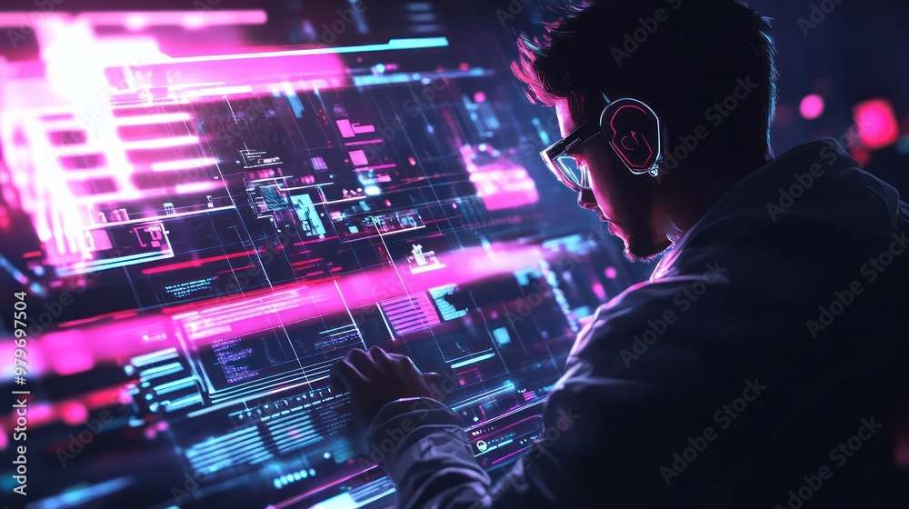 Poster A man is working on a computer screen with a lot of lines and numbers