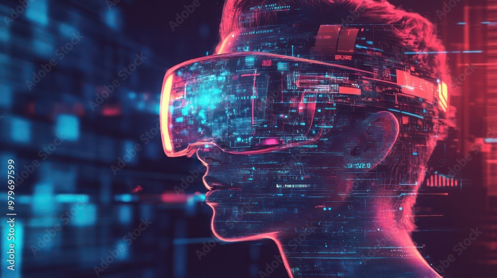 Poster a man's face is projected onto a screen with a virtual reality headset