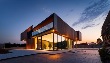 Obraz premium Modern architectural design of a contemporary building at dusk with warm lighting accents