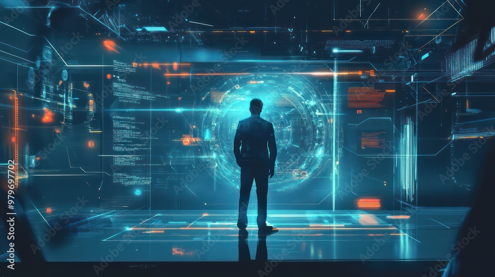 Poster concept of awe and wonder as the man gazes at the screen