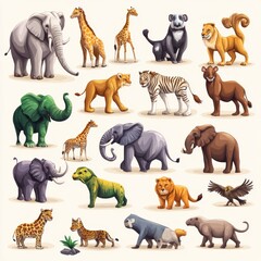 Obraz premium Cartoon Animals Set Elephant Lion Giraffe Tiger Zebra Bear Eagle Hyena Leopard