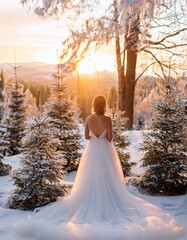 Bride in winter setting with snow-covered trees and festive decorations during sunset