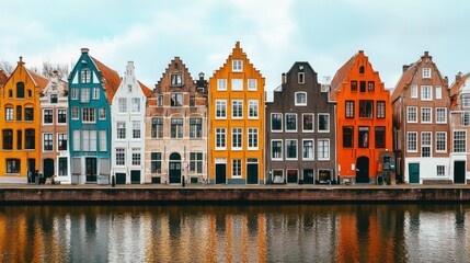 Naklejka premium Colorful Canal Houses in Historic European City, charming row of vibrant residences lining a picturesque waterway, showcasing architectural beauty and cultural heritage.