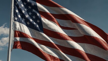 American Flag Waving Proudly Against a Blue Sky With White Clouds During a Sunny Day in the Middle of Summer
