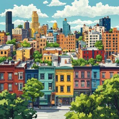 Fototapeta premium Colorful Cityscape with Row Houses and Trees